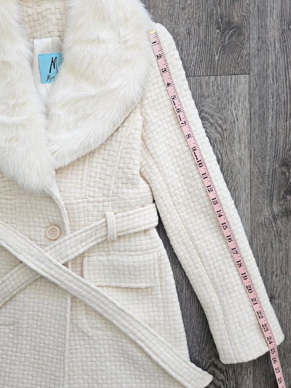 Marciano Cream Wool Blend Belted Coat Faux Fur Collar M - Picture 13 of 13